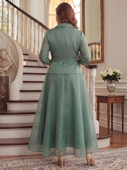 Robe trapèze/princesse en organza grande taille pour mère de la mariée : col en V, manches 3/4, longueur cheville, avec nœud