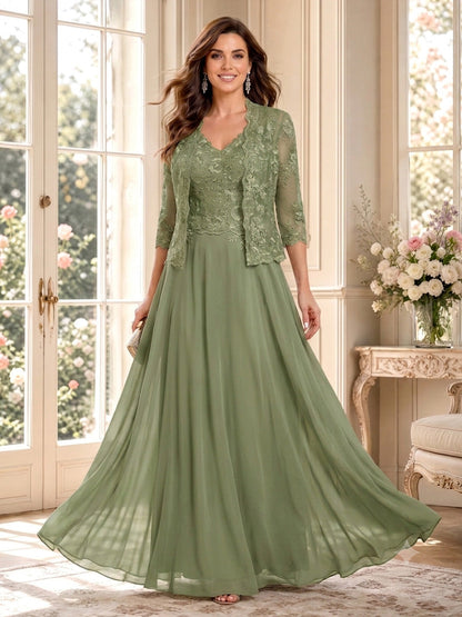Ensemble Robe Mère de la Mariée Ligne A/Princesse Col en V à Manches 3/4 et Veste Longueur Sol avec Appliqués