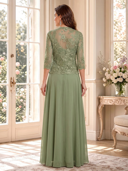 Ensemble Robe Mère de la Mariée Ligne A/Princesse Col en V à Manches 3/4 et Veste Longueur Sol avec Appliqués