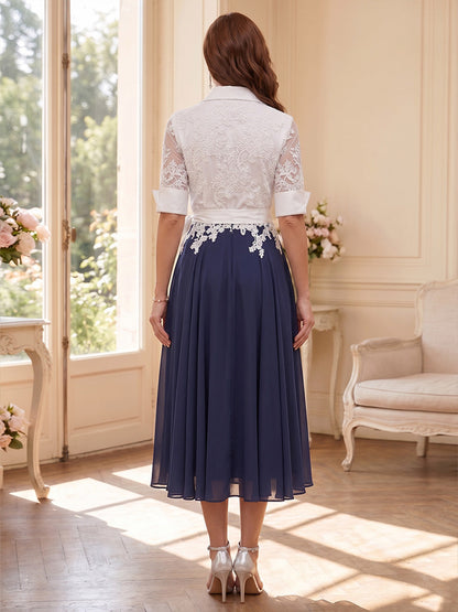 Robe Mère de la Mariée Ligne A/Princesse Col Chemise à Demi-Manches Longueur Thé avec Nœud Papillon et Appliqués