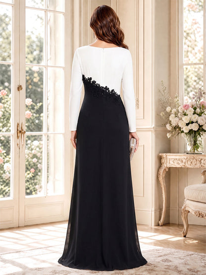 Robe Mère de la Mariée Ligne A/Princesse à Manches Longues Col Rond Longueur Sol avec Appliqués