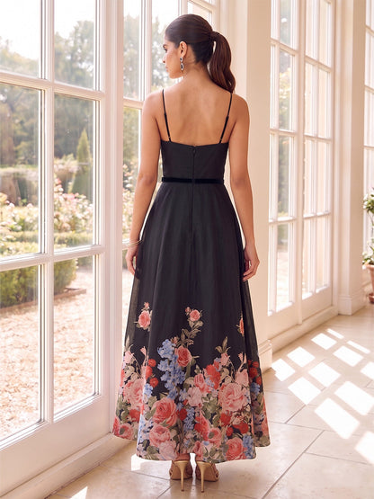 Robe Mère de la Mariée Ligne A/Princesse à Bretelles Spaghetti avec Fronces, Ceinture et Fleur