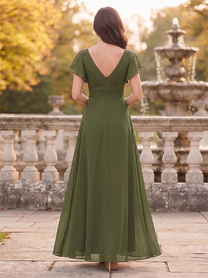 Robe de mère de la mariée longueur cheville, coupe trapèze/princesse, col en V, manches courtes, avec volants et fente latérale