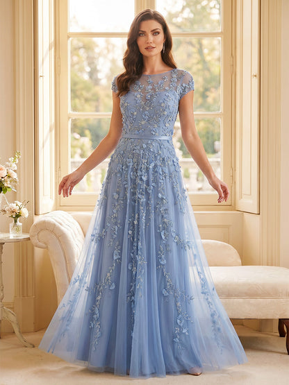 Robe de mère de la mariée longue, coupe trapèze/princesse, encolure ronde, manches courtes, avec dentelle et fleurs en 3D