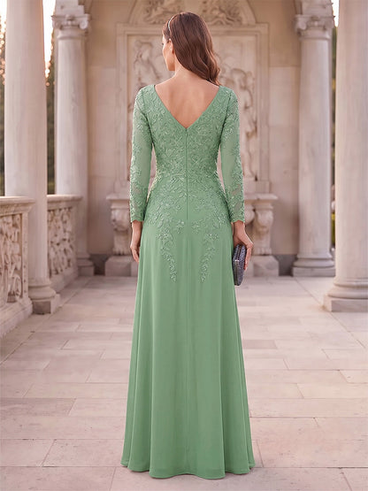 Robe de mère de la mariée longue, coupe trapèze/princesse, col en V, manches longues, avec motifs appliqués