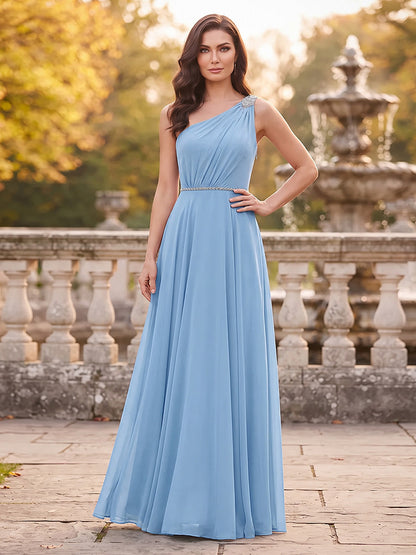 Robe de mère de la mariée coupe trapèze/princesse, asymétrique (une épaule), sans manches, longueur au sol, avec strass