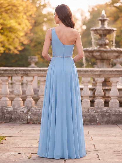Robe de mère de la mariée coupe trapèze/princesse, asymétrique (une épaule), sans manches, longueur au sol, avec strass