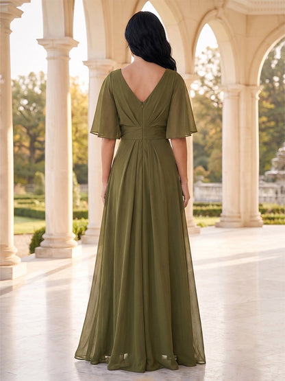 Robe de mère de la mariée longue, coupe trapèze/princesse, col en V, manches mi-longues, avec drapés