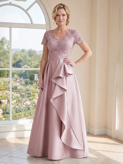 Robe de mère de la mariée coupe trapèze/princesse, manches courtes, col en V, longueur au sol, avec dentelle et volants