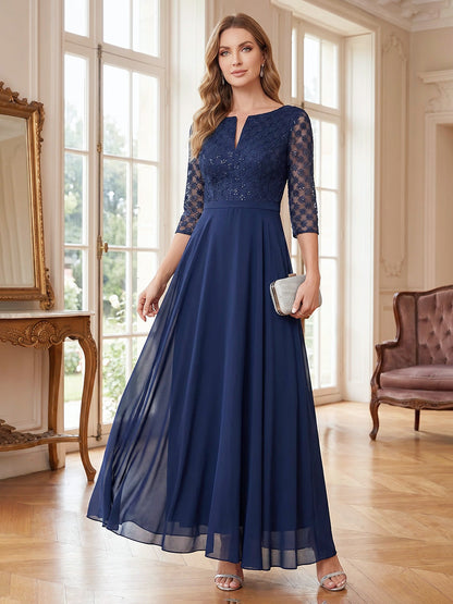 Robe de mère de la mariée coupe trapèze/princesse, col en V, manches 3/4, longueur au sol, avec dentelle et appliques