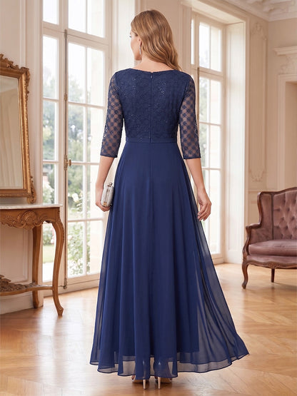 Robe de mère de la mariée coupe trapèze/princesse, col en V, manches 3/4, longueur au sol, avec dentelle et appliques