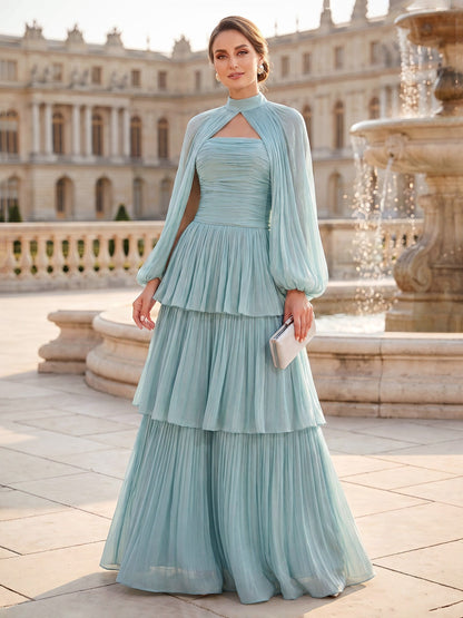 Robe de mère de la mariée coupe trapèze/princesse, col montant, manches longues, longueur au sol, avec volants et plis