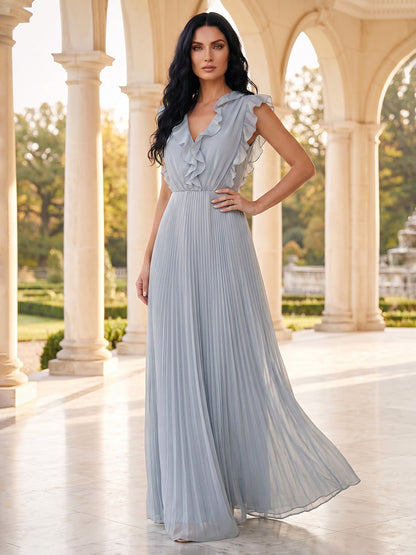 Robe de mère de la mariée coupe trapèze/princesse, col en V, sans manches, longueur au sol, avec volants et plis