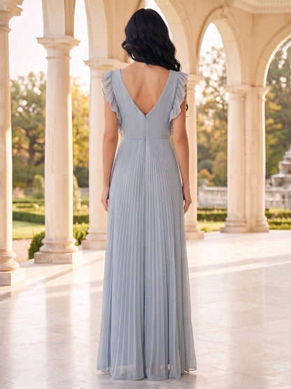 Robe de mère de la mariée coupe trapèze/princesse, col en V, sans manches, longueur au sol, avec volants et plis