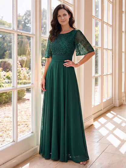 Robe de mère de la mariée longue, coupe trapèze/princesse, encolure ronde, manches mi-longues, avec perles et dentelle