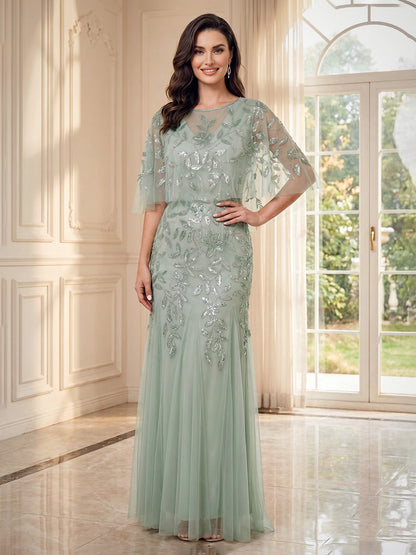 Robe de mère de la mariée longue, coupe fourreau, encolure ronde, manches mi-longues, avec Appliques et dentelle