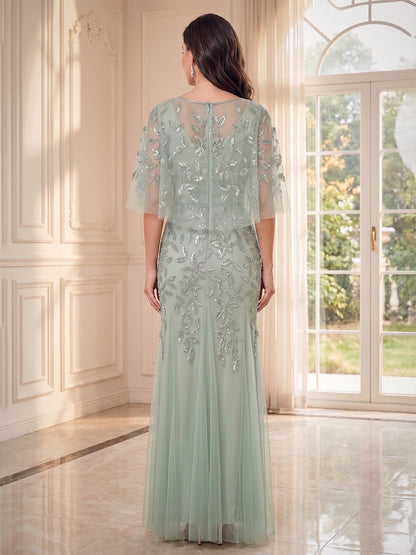 Robe de mère de la mariée longue, coupe fourreau, encolure ronde, manches mi-longues, avec Appliques et dentelle