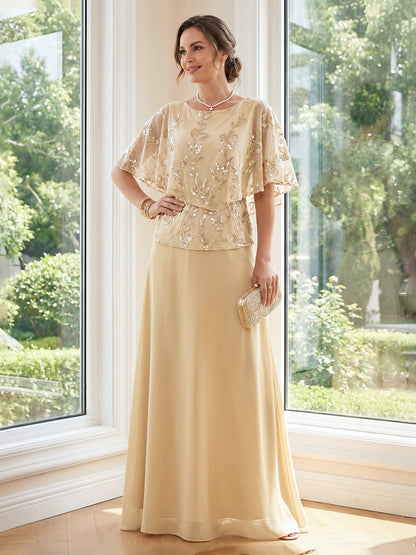 Robe de mère de la mariée coupe trapèze/princesse, encolure arrondie, manches cape, longueur au sol, avec appliques