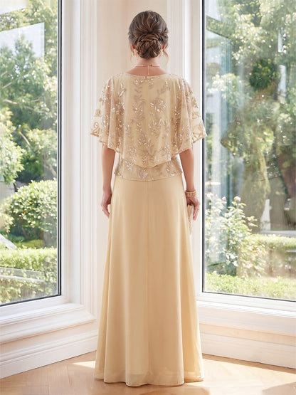 Robe de mère de la mariée coupe trapèze/princesse, encolure arrondie, manches cape, longueur au sol, avec appliques