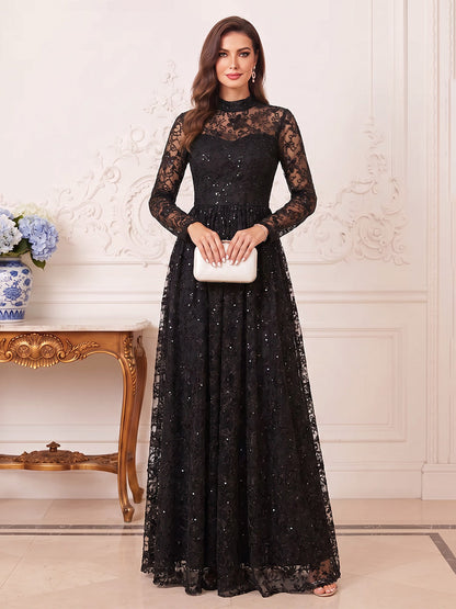 Robe de mère de la mariée coupe trapèze/princesse, col montant, manches longues, longueur au sol, avec dentelle et appliques
