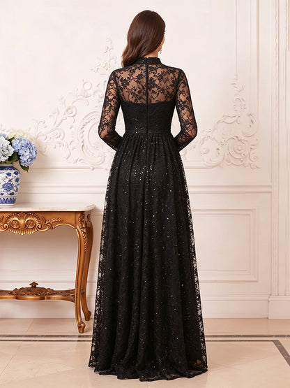 Robe de mère de la mariée coupe trapèze/princesse, col montant, manches longues, longueur au sol, avec dentelle et appliques