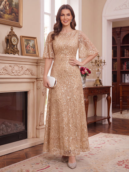 Robe de mère de la mariée coupe trapèze/princesse, encolure arrondie, manches mi-longues, longueur cheville, avec sequins