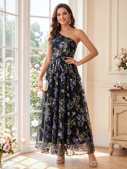 Robe de mère de la mariée coupe trapèze/princesse, asymétrique (une épaule), sans manches, longueur cheville, avec fleur et dentelle