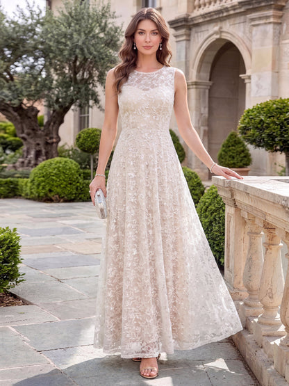 Robe de mère de la mariée coupe trapèze/princesse, encolure arrondie, sans manches, longueur cheville, avec applications et dentelle