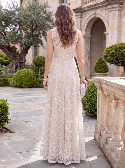 Robe de mère de la mariée coupe trapèze/princesse, encolure arrondie, sans manches, longueur cheville, avec applications et dentelle