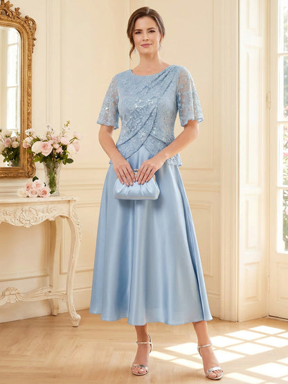Robe de mère de la mariée coupe trapèze/princesse, encolure arrondie, manches courtes, longueur midi, avec sequins et dentelle