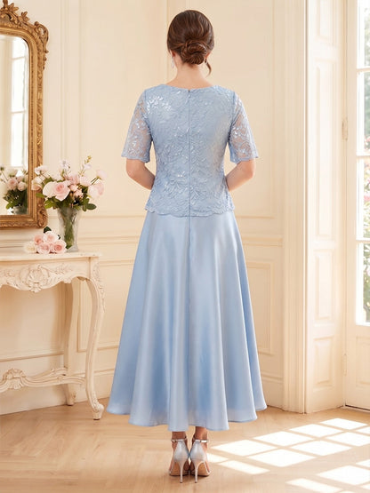 Robe de mère de la mariée coupe trapèze/princesse, encolure arrondie, manches courtes, longueur midi, avec sequins et dentelle