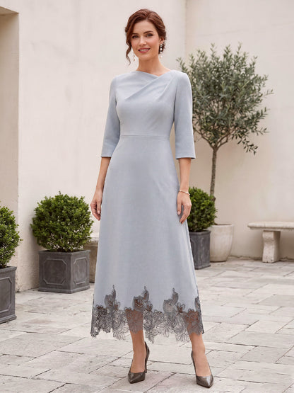 Robe de mère de la mariée coupe trapèze/princesse, asymétrique, manches 3/4, longueur midi, avec fleur décorative