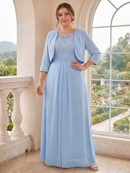 Robe de mère de la mariée trapèze/princesse, col rond, manches 3/4, en mousseline, longueur au sol, avec dentelle et strass