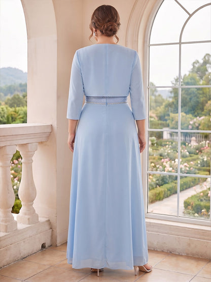 Robe de mère de la mariée trapèze/princesse, col rond, manches 3/4, en mousseline, longueur au sol, avec dentelle et strass