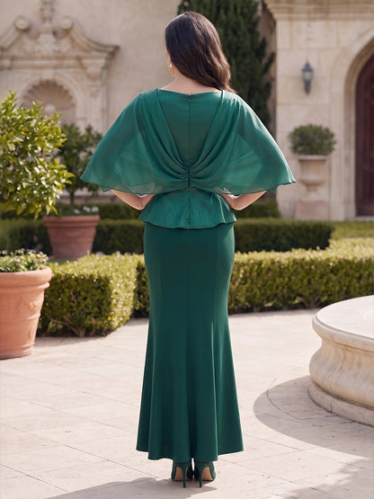 Robe de mère de la mariée coupe fourreau/droite, col en V, manches mi-longues, en satin, longueur cheville, avec dentelle