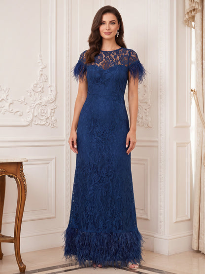 Robe de mère de la mariée trapèze/princesse, col rond, manches courtes, en dentelle, longueur au sol, avec dentelle et plumes