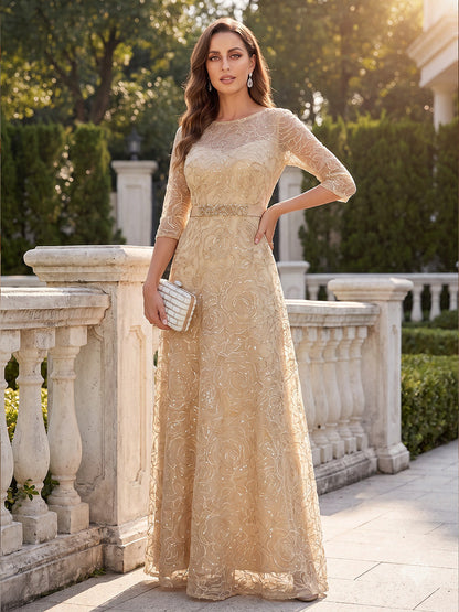 Robe de mère de la mariée coupe trapèze/princesse, encolure arrondie, manches 3/4, longueur au sol, avec sequins et dentelle
