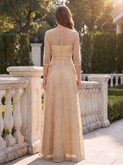 Robe de mère de la mariée coupe trapèze/princesse, encolure arrondie, manches 3/4, longueur au sol, avec sequins et dentelle