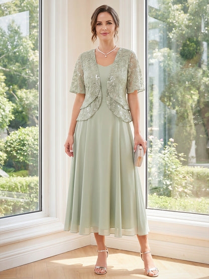 Robe de mère de la mariée coupe trapèze/princesse, ensemble 2 pièces, col en V, manches courtes, longueur midi, avec sequins et dentelle