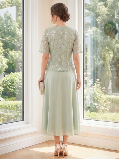 Robe de mère de la mariée coupe trapèze/princesse, ensemble 2 pièces, col en V, manches courtes, longueur midi, avec sequins et dentelle