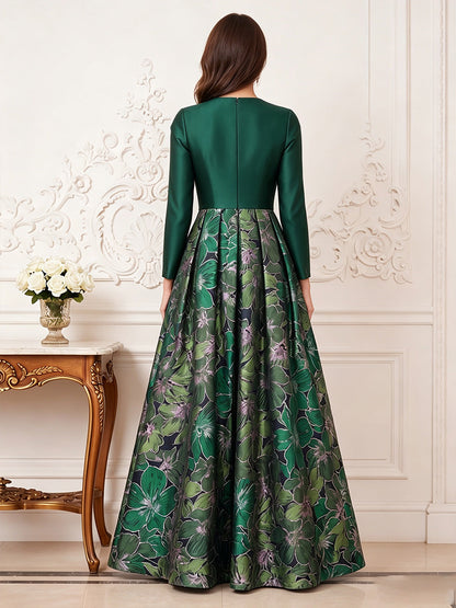 Robe de mère de la mariée trapèze/princesse, col en V, manches courtes, en satin, longueur au sol, avec imprimé floral