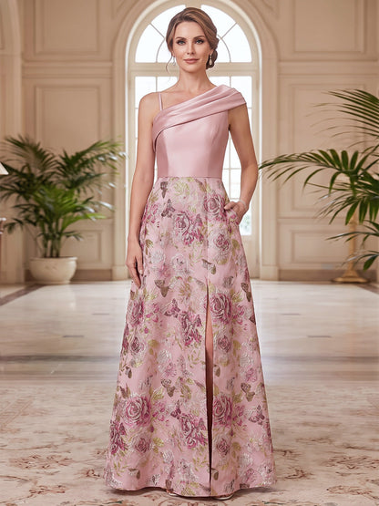 Robe de mère de la mariée trapèze/princesse, asymétrique (une épaule), sans manches, en satin, longueur au sol, avec imprimé floral et fente latérale