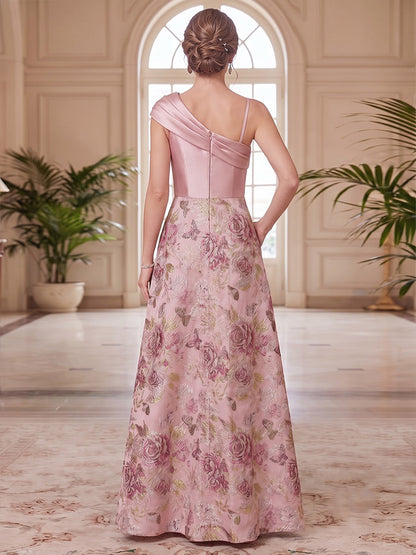 Robe de mère de la mariée trapèze/princesse, asymétrique (une épaule), sans manches, en satin, longueur au sol, avec imprimé floral et fente latérale