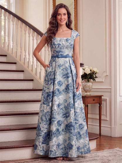 Robe de mère de la mariée trapèze/princesse, encolure carrée, sans manches, en satin, longueur au sol, avec imprimé floral
