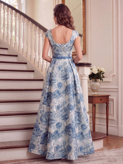 Robe de mère de la mariée trapèze/princesse, encolure carrée, sans manches, en satin, longueur au sol, avec imprimé floral
