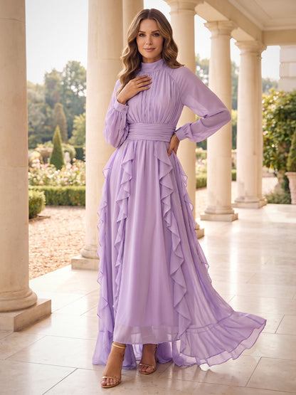 Robe de mère de la mariée trapèze/princesse, col montant, manches longues, en mousseline, longueur cheville, avec plis