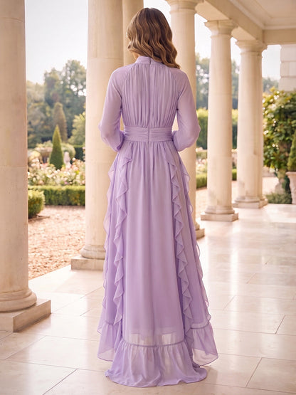 Robe de mère de la mariée trapèze/princesse, col montant, manches longues, en mousseline, longueur cheville, avec plis