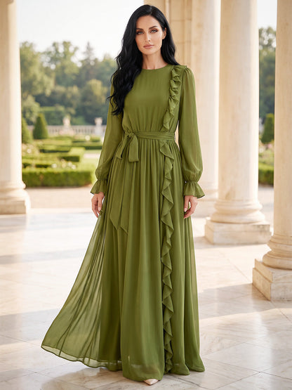 Robe de mère de la mariée trapèze/princesse, encolure arrondie, manches longues, en mousseline, longueur au sol, avec ceinture