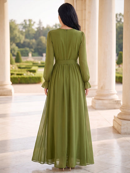 Robe de mère de la mariée trapèze/princesse, encolure arrondie, manches longues, en mousseline, longueur au sol, avec ceinture