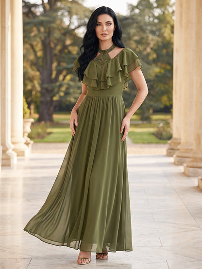 Robe de mère de la mariée trapèze/princesse, dos nu à encolure américaine, manches courtes, en mousseline Robes de mère de la mariée en mousseline, longueur cheville, avec volants